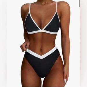 Womens Black Triangle High Cut Bikini Set Sexy High Waisted 2 Piece Swimsuit
